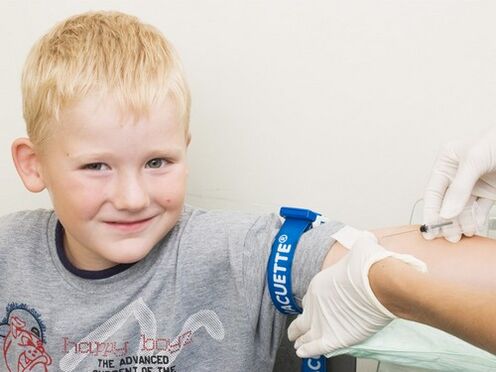 The child donates blood for analysis in case of suspected parasite infection